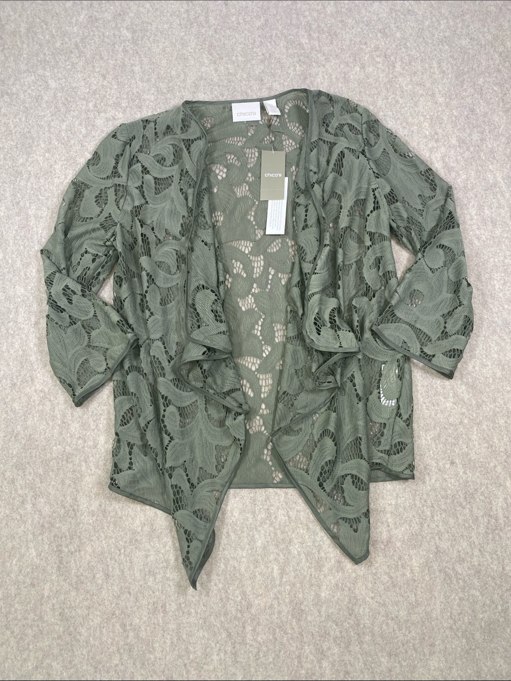 Chico’s Lace Drape Front Jacket Size 0 Fatigue Green NWT